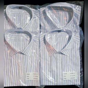 Fourmy By Cintas, 4 White, Blue Striped Uniform Shirts. Short Slv Men's Sz 17.5